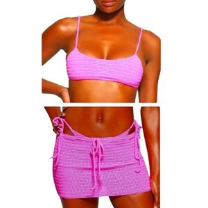 SKIMS 2 Piece Pink Crochet Swim Top & Skirt